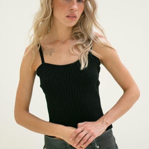 Knitted Black Tank Top, Crochet Summer Simple Ribbed Top, Summer Viscose Top with Spaghetti Straps, Cheap Woman Gift, Loungewear Crop Top