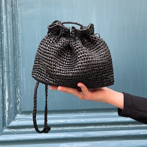 Raffia Small Black Summer Clutch, Woman Summer Woven Mini Crossbody Bag, Straw Beach Shoulder Bucket Pouch, Knot Striped Wicker Gift Purse