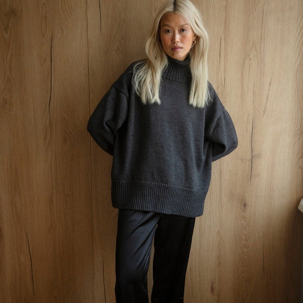 Merino sheep wool turtleneck sweater for women, minimal grey woolen oversized pullover, high neck knitted graphite jumper