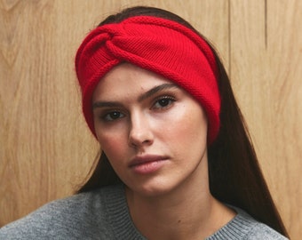 Wool knit headband turban red, fuzzy ear warmer