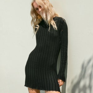 Crochet Mini Black Dress, Knit Striped Fitted Dress, Backless Mesh Long Sleeve Micro Dress, Micro Dress for Summer Beach Vacation Loungewear