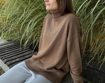 Beigefarbener Pullover aus 100 % Wolle, Oversize-Rollkragenpullover aus Merinowolle, Strickpullover mit hohem Kragen