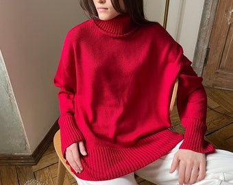 Suéter de cuello alto de punto Merino para mujer, suéter de cuello alto de lana natural, jersey de punto grueso de gran tamaño, prendas de punto de alta calidad