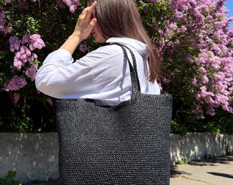 Bolso grande de rafia negra, bolso de verano tipo cubo de ganchillo, bolsos de playa grandes de paja.
