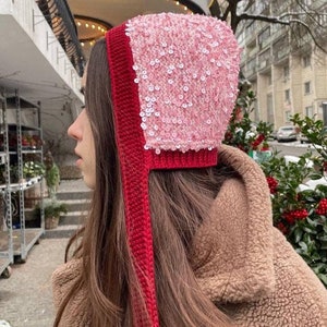 Bonnet with Sequins, Knitted Wool Bow Tie Red Hat, Winter Shiny Merino Beanie with Ties, Hand Crochet Christmas Warm Cozy Gift For Mom Wife