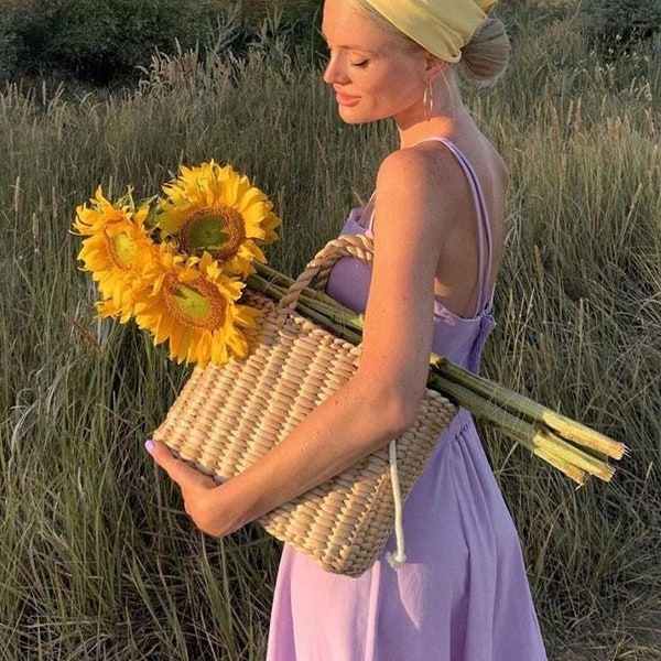 Summer handwoven bag, natural Ukrainian reed knot bag, knitted straw tote, beach wicker handbag, small picnic cane basket, straw market tote