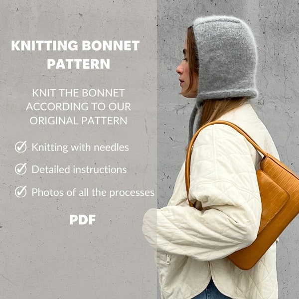 Women adult bonnet knit pattern, how to knit by hand winter wool hat with ear flap, ear flap fuzzy bonnet with ties, beanie digital pdf