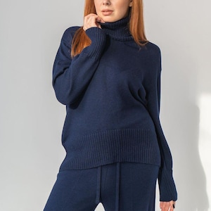 Blauer Wollrollkragenpullover, Übergroßer High Neck Merino Pullover Gestrickte warme Pullover für Mama, Frau, Frauen, Damen Strickwaren Wollgeschenk