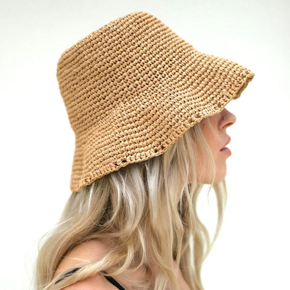 Raffia Bucket Beige Hat, Hand Crochet Straw Sun Cover Panama 
