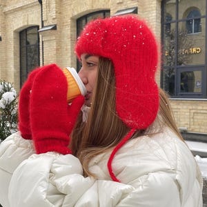 Knit Red Wool Earflap Hat - Crochet Ushanka Beanie, Trapper Hats with Flaps for Women, Handmade Winter Cosy Accessories