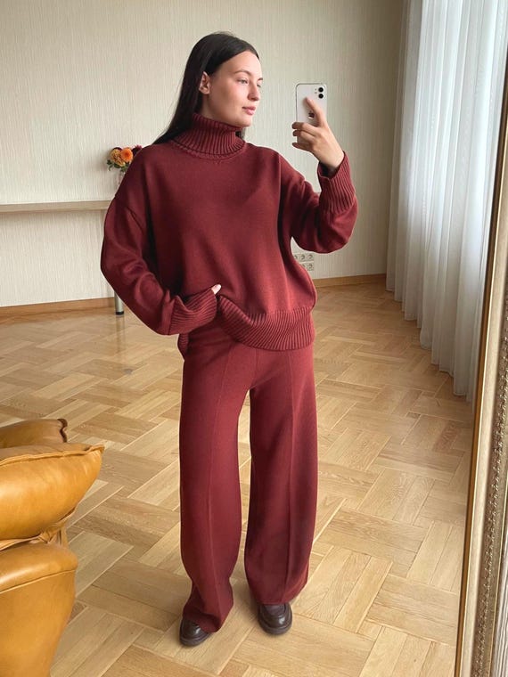 Merino Red Copper Suit: Pure Wool Sweater and Pants Set for Women, Warm  Knitted Turtleneck Baggy Trousers Loungewear Winter Gift for Her