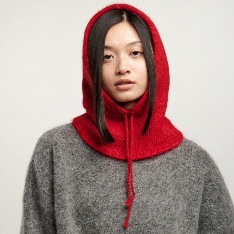 Handmade Black Balaclava Knit, Winter Wool Knitted Hood, Crochet