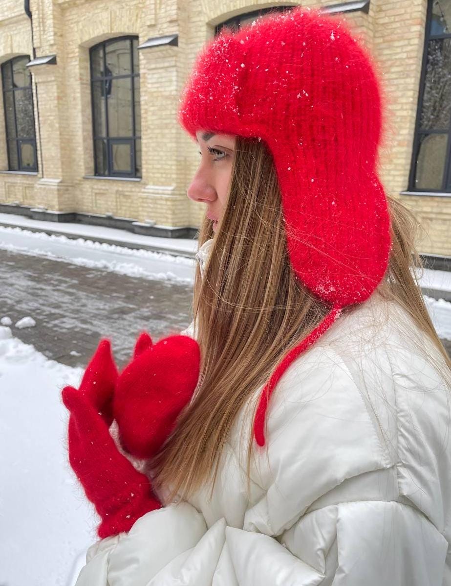 Knitted Red Earflap Trapper Hat, Crochet Chunky Women