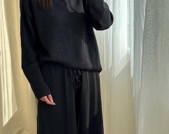 Women’s Merino Knit Black Set: 100% Wool Custom Pants & Turtleneck Oversized Sweater, Two-Piece Knitwear Suit - Holiday Luxury Gift Women