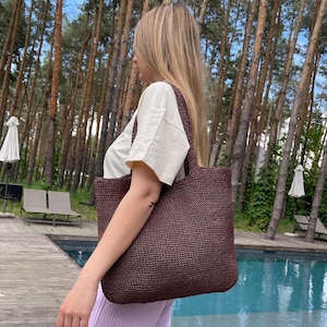 Raffia Beach Bag, Woven Brown Summer Simple Tote, Oversized Handmade Handbag, Crochet Minimalist Natural Shoulder XL Bag, Straw Resort Style