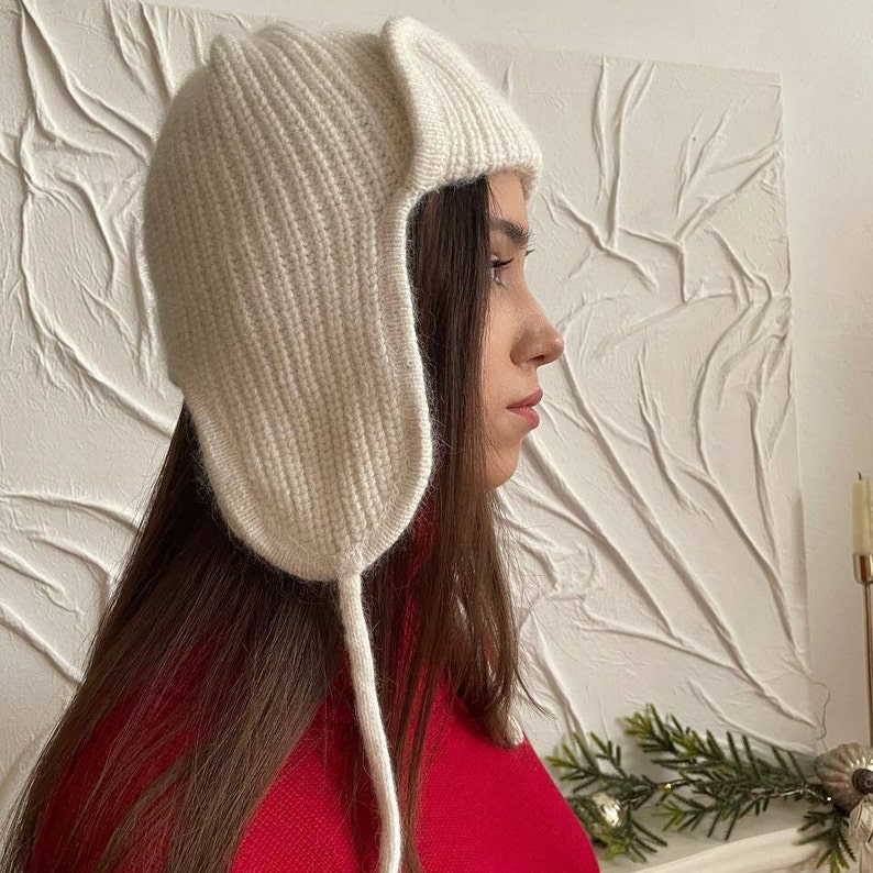 White Wool Ushanka Hat for Women, Chunky Fuzzy Beanie With Ear Flaps