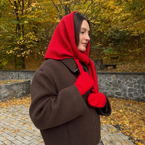 Cashmere Red Triangle Head Scarf - Hand Crochet Babushka Kerchief