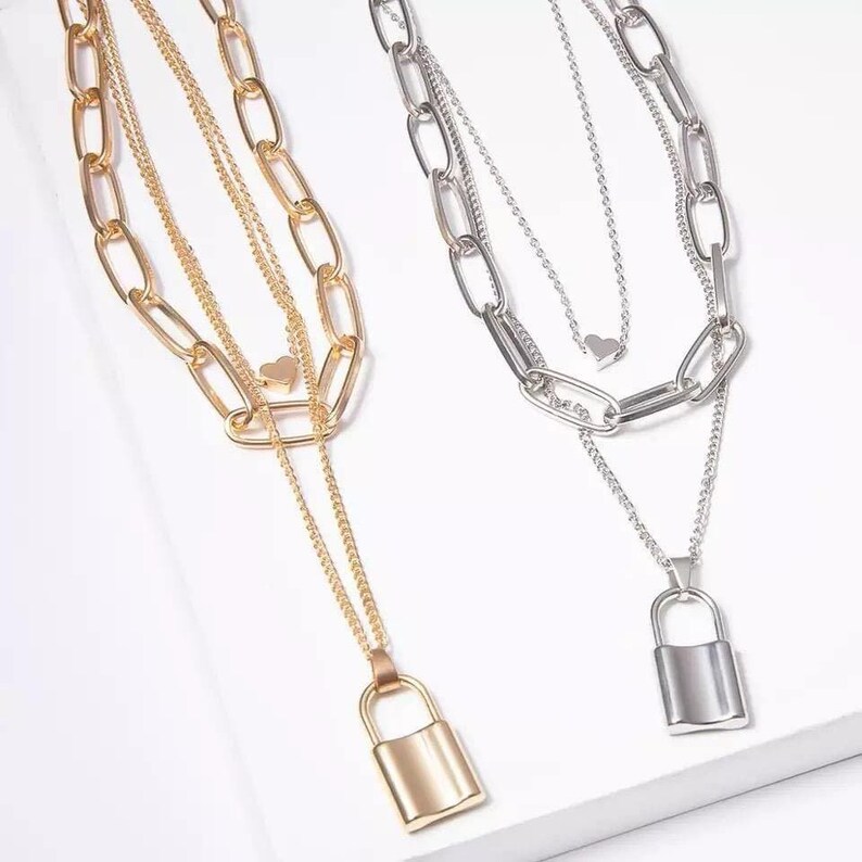 Triple Chain Necklace Lock and Heart silver and gold