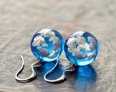 Blue Sky Sphere Dangle Earrings Terrarium Clear Cloudy Sky Designer Earrings Nature inspired Stainless Steel