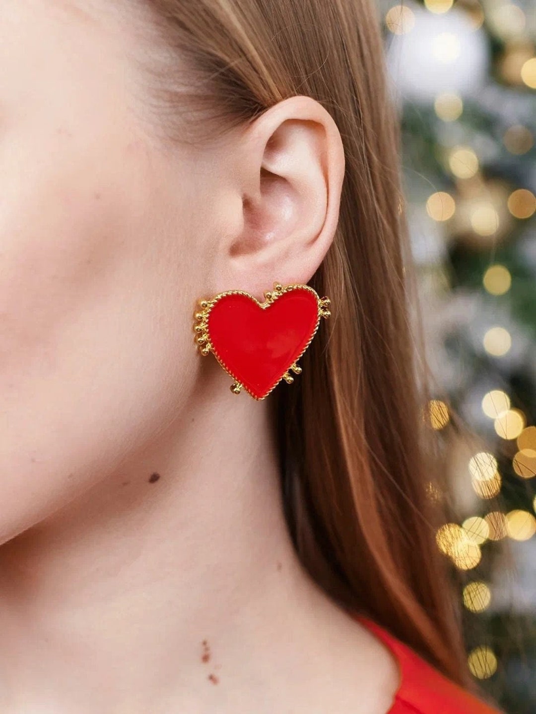 Classy Red Beating Heart Gold Framed Earrings Big Hearts Etsy Uk