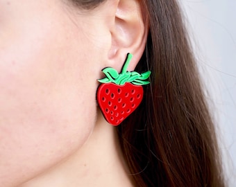 Acrylic Strawberry Large Stud Earrings, Creamy Strawberry Heart Stud, 3D Dangle Earring, Diet Earrings, Real Vegan Comfort Food Love Earring