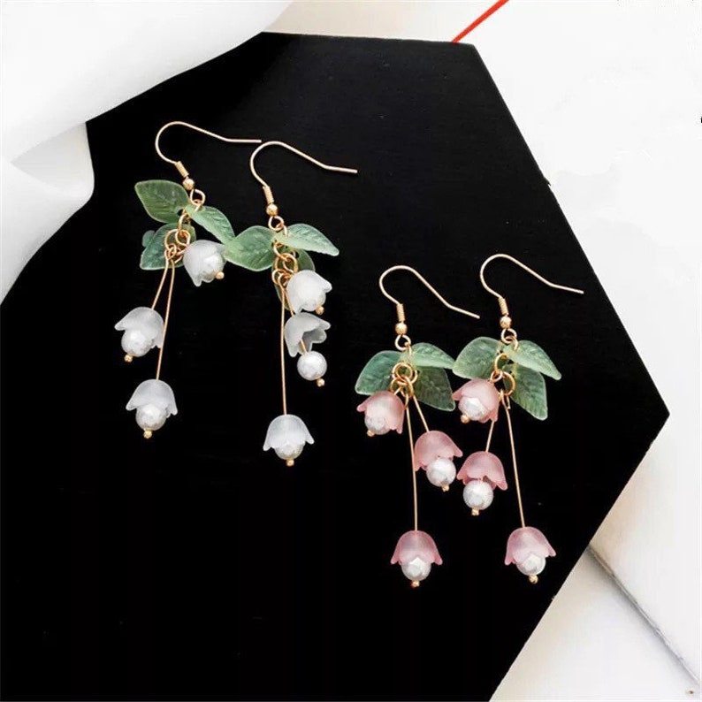 Spring Flowers Cute Bell 14k Gold dangle Lily nature inspired realistic earrings Real Gold Plated Hook Option 