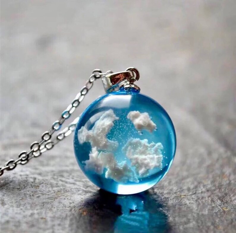 Blue Cloudy Sky Sphere Pendant Terrarium Dream Designer Necklace Circle charm Nature inspired 