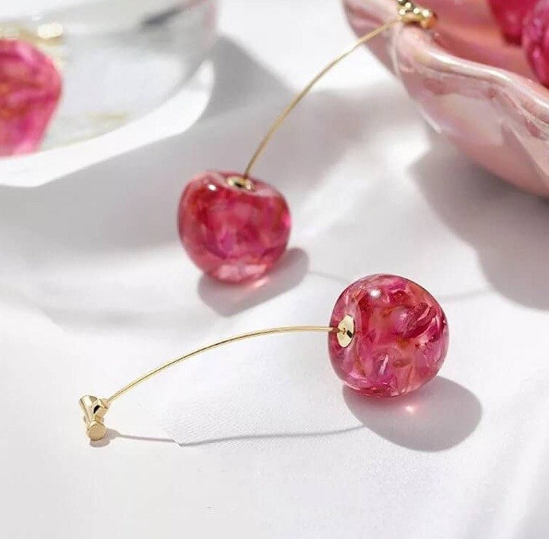 Cherry Terrarium Flower Earrings Pink Orange clear glass long berry earrings 