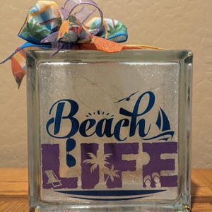 Beach Life Glitter Glass Block: Illuminated Coastal Decor