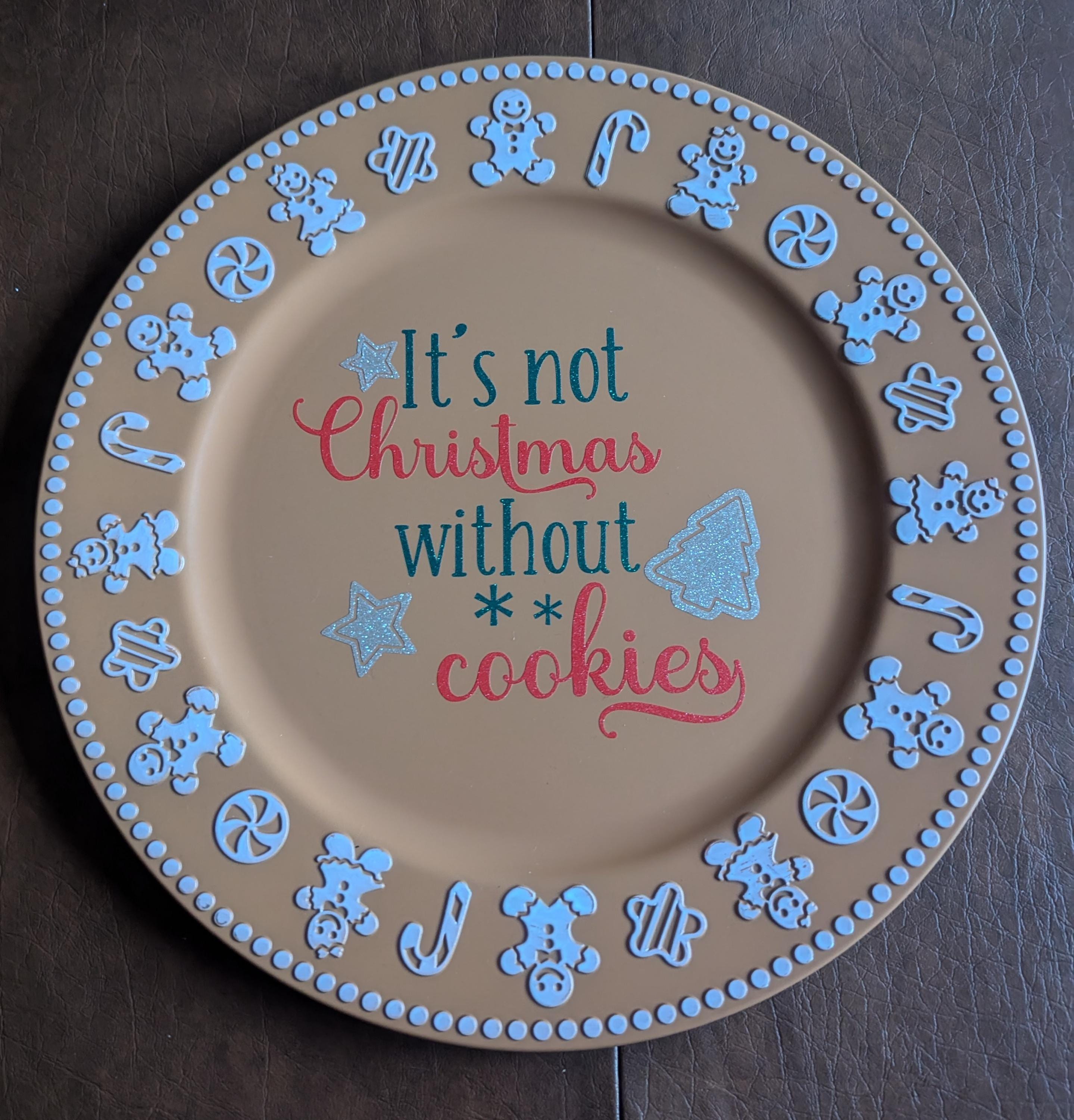 Gingerbread Christmas Cookie Plate: Glitter Vinyl Decor (13x13)