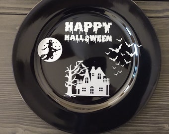Happy Halloween Plate: Black Acrylic Haunted House Decor (13x13)