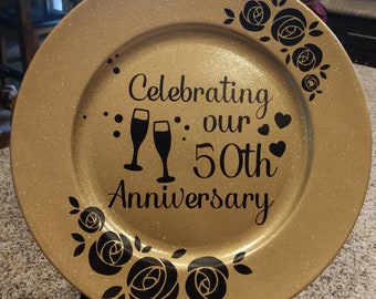 Personalized 50th Anniversary Plate: Gold Glitter Acrylic Decor