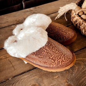 Genuine Leather Western Slippers House Shoes Mules