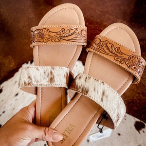 Genuine Cowhide Leather Sandals for Women - Western Tooled Leather Slide Sandals | Boho Cowgirl Shoes | Cowhide Slides