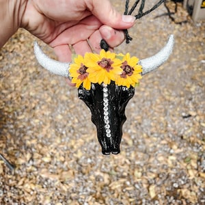 Custom Cattle Skull Sunflower and Glitter Western Rear View Mirror Hangers and Cute Car Charms Car Accessory