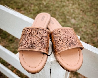 Hand tooled leather sandals best sale