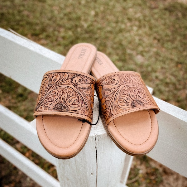 Western Tooled Leather Sandals - Etsy