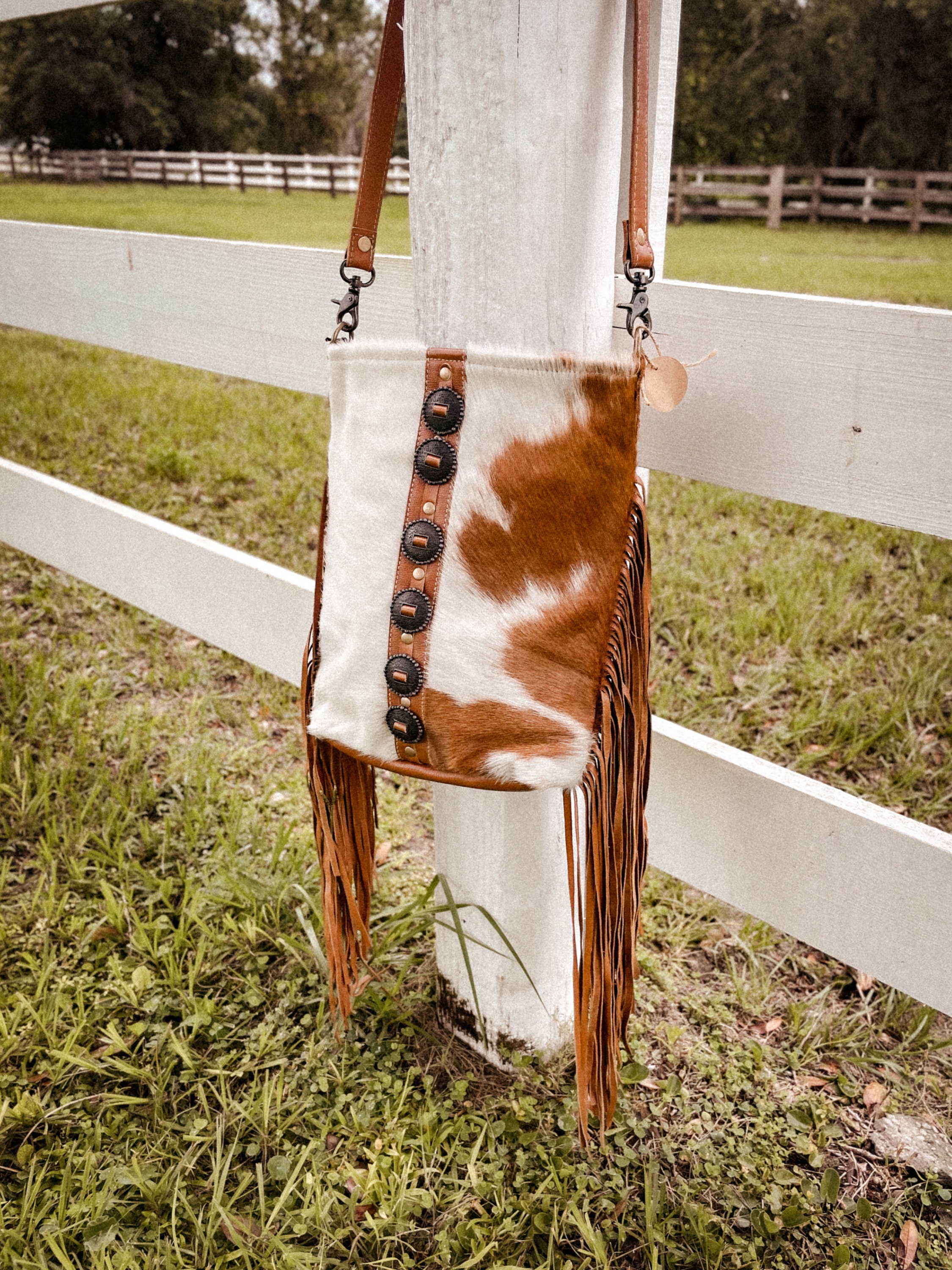 Cross Body Speckled Cowhide and Leather Fringed Handbag by Southwest Indian Foundation