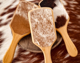 Genuine Hair On Hide, Western Cowhide Bamboo Paddle Hairbrush