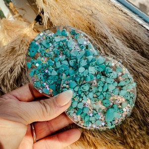 Custom Resin Car Coasters – Turquoise & Glitter | Personalized Car Accessories – Set of 2 or 3