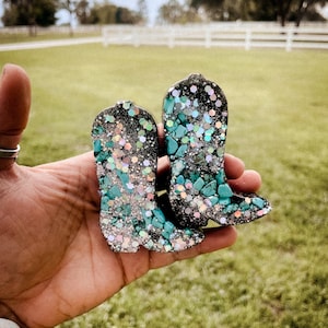 Scented 2 Pack Glitter and Turquoise  Mini Cowboy Boot Car Freshies, Air Fresheners, Western and Boho Freshies, Scented Car Decorations