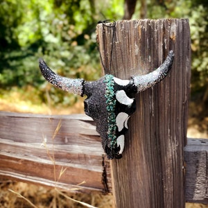 Custom Cattle Skull Cow Print and Turquoise with Glitter Western Rear View Mirror Hangers and Cute Car Charms Car Accessory