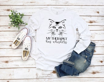 Meu terapeuta tem bigodes manga compridaCamiseta de gato Kitty Kitten Camiseta Cat Lover