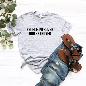 Puede incluir: Una camiseta gris con el texto "PEOPLE INTROVERT DOG EXTROVERT" impreso en negro.