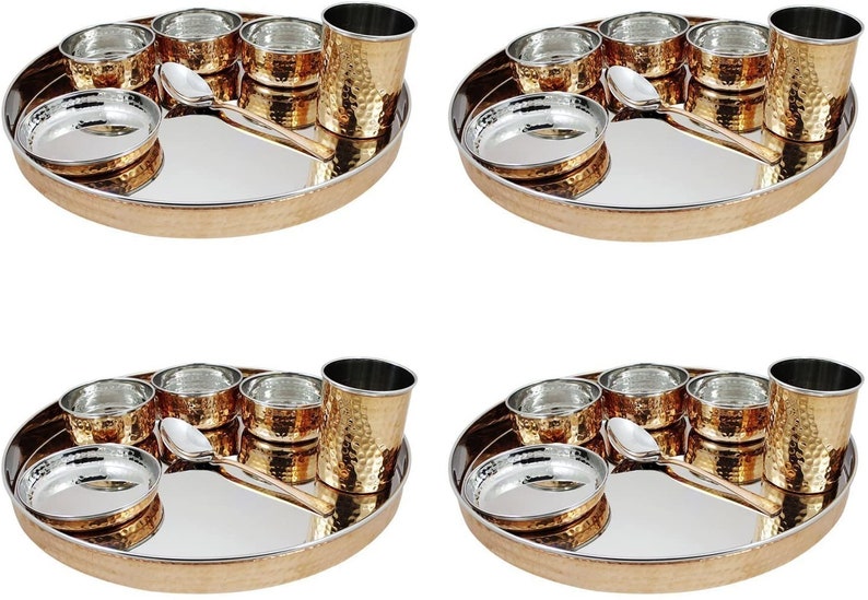 Indian Handmade Hammered Copper Steel Dinnerware Thali Set Etsy