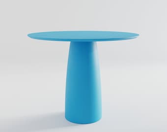 Blue round dining table from Kopar. D98cm - 38.6inches /  H 74cm- 29.1inches / One leg One Base / Black Red Green White Beige Terracotta /