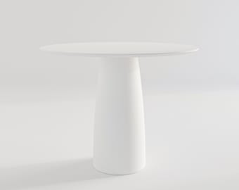 White dining table from kopar. Tabletop 98cm - 38.6inches  Height 74cm-29.1inches Japandi style  Minimalistic  Space saving Single base leg