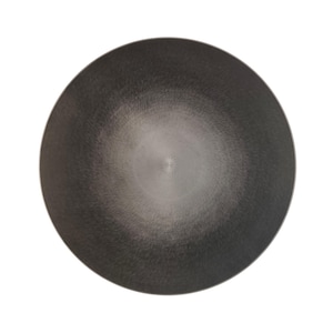 May include: A circular plate featuring a dark charcoal gray finish that transitions into a lighter metallic silver center. The surface displays a fine, radial brushed texture that creates a subtle sheen across the entire round dinnerware piece.