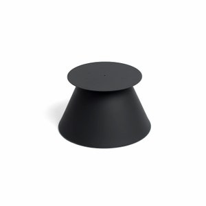 May include: Black metal plant stand with a round top and a conical base.