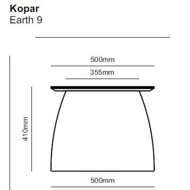 Pu&ograve; includere: Disegno a linea di una tavola con dimensioni etichettate in millimetri. Il tavolo &egrave; largo 500 mm, alto 410 mm e profondo 355 mm. Il piano del tavolo &egrave; rettangolare e le gambe sono curve.